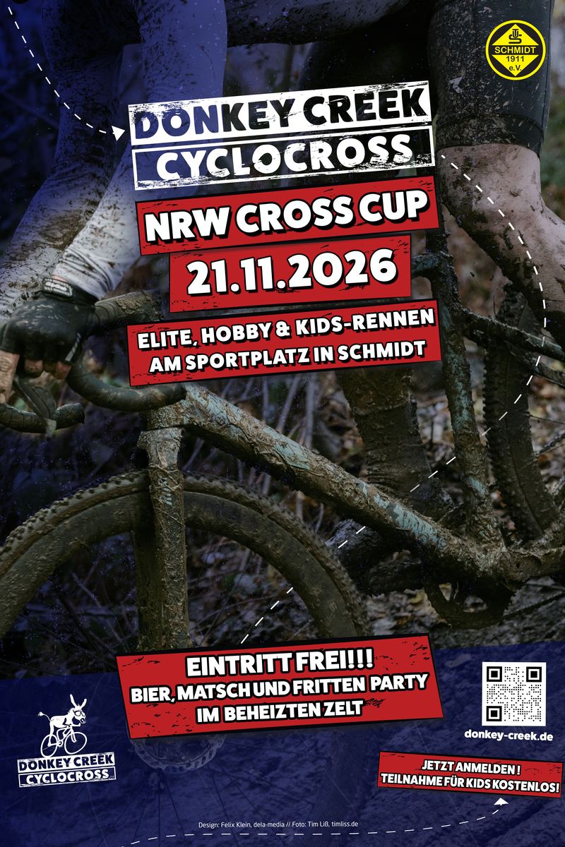 Plakat Donkey Creek Cyclocross 2026: NRW Cross Cup am 21.11.2026 in Nideggen-Schmidt, Eintritt frei